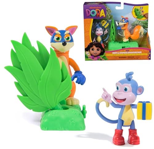 Image of DORA Adventure Pack Monkey Boots and Fox Swiper, Mini Play Set with 2 Figures (approx. 9 cm) and an Accessory with Function, for Imaginative Play, for Children from 3 Years