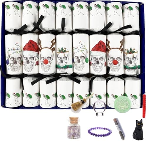 Image of The Dark Side of Christmas Skull Christmas Crackers, Set of 8, 30 cm, with appropriate gifts, and christmas skull hats