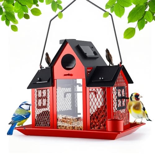 Image of WuJiLiving Solar Metal Wild Bird Feeder for Outdoor Garden, Weather-Resistant House Design with Water Bowls & Drain Tray, Large Capacity, Giftable Packaging (Red BirdDecor)