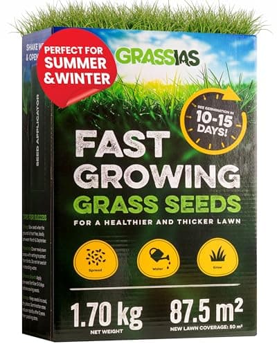 Image of Grassias Fast Growing Grass Seed – 1.70KG Premium Quality Lawn Seed for Overseeding & New Lawns – Hard Wearing & Pet Friendly - Perfect for UK Lawns - Winter & Defra Approved