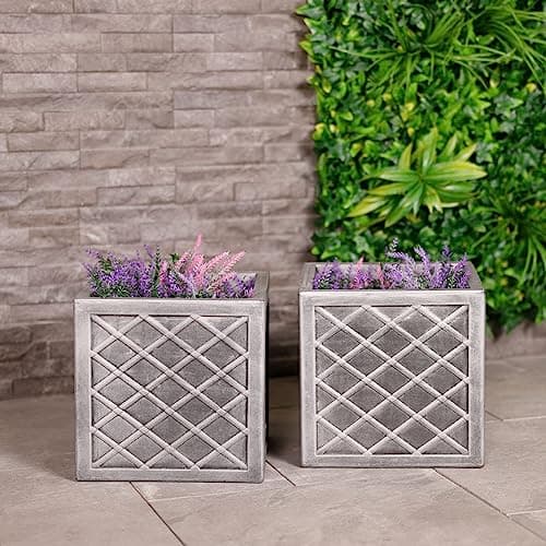 Image of CHARLES BENTLEY Pair of Lazio, Square, Pewter Planters, Grey, Plastic, Plant Pot, Outdoor, Garden, Patio, Porch, Decking, Set of 2, Lightweight, Contemporary, Made In UK, Trendy (32x32x30cm)