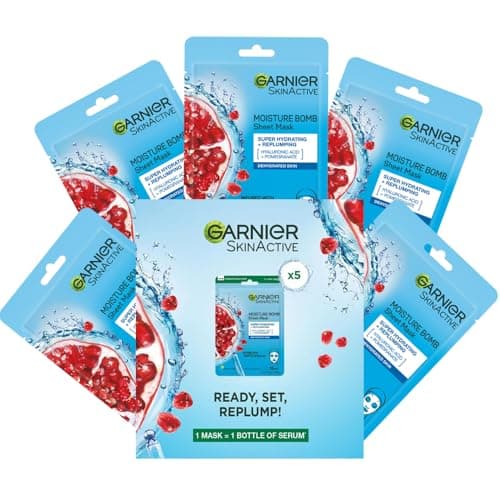 Image of Garnier SkinActive Moisturising Tissue Mask, Moisturising and Firming Pomegranate + Hyaluronic Acid For Dehydrated Skin, 160 Gram (Pack of 5)