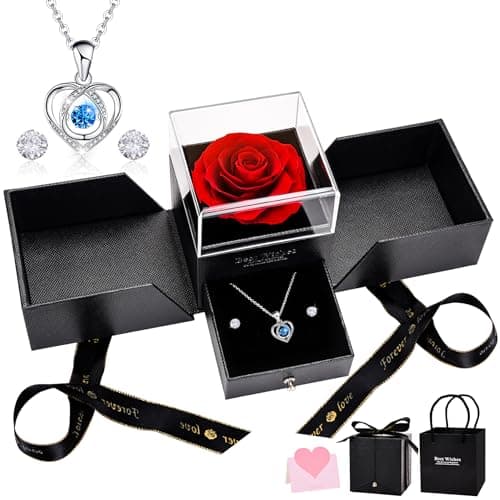 Image of UUEMB Preserved Real Rose, Forever Rose Gift Box with Heart Shaped Necklace and Earrings, Gifts for Mother Wife Girlfriend Sister Daughter Women on Birthday, Anniversary, Valentine's Day, Mother's Day