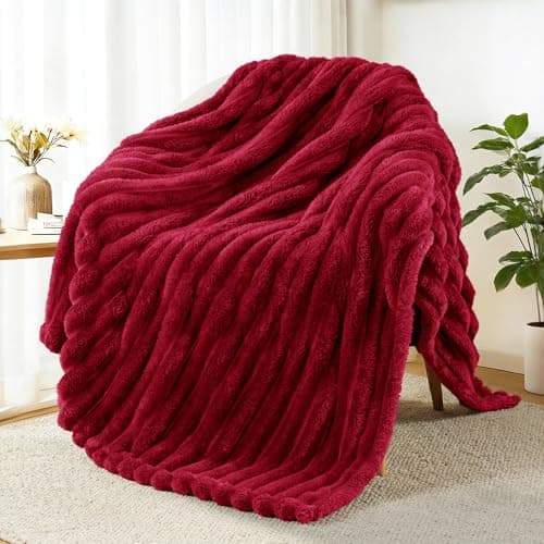Image of Exclusivo Mezcla Fleece Throw Blanket for Sofa, Super Soft Striped Jacquard Bed Blanket, Lightweight Fuzzy Cozy for All Seasons, 127x152 CM, Deep Red