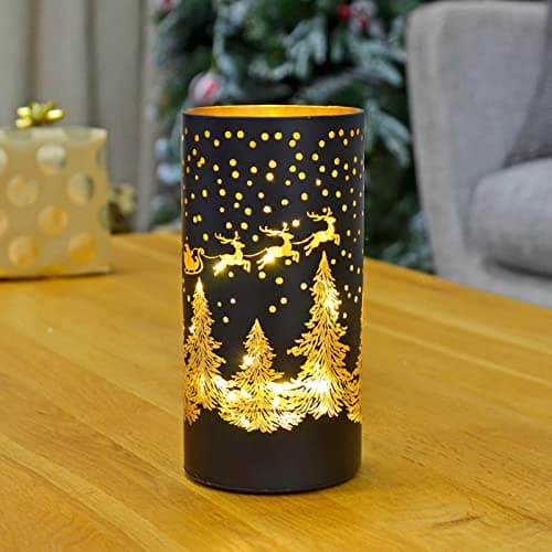 Image of Mr Crimbo 20cm Christmas Cylinder Lamp LED Light Etched Glass Tube Black Silver - Santa Sleigh