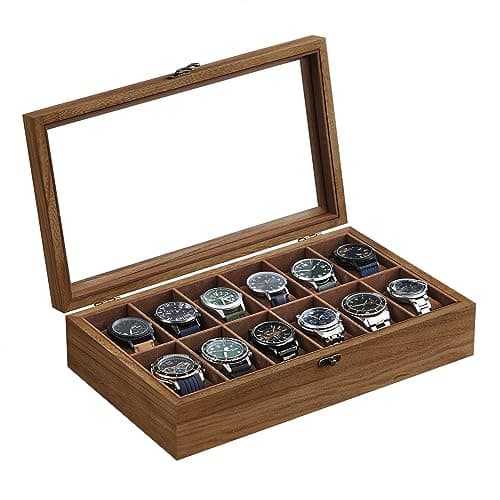 Image of SONGMICS Watch Box with 12 Slots, Watch Case, Solid Wood Watch Box Organiser with Large Glass Lid, Watch Display Box with Removable Pillows, Gift Idea, Rustic Walnut JOW120K01