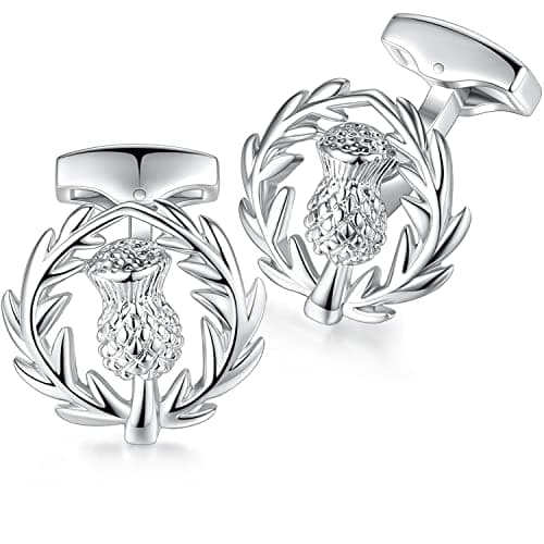 Image of HONEY BEAR Scotland Scottish Thistle Cufflinks - Stainless Steel for Mens Shirt Wedding Business Gift,Silver