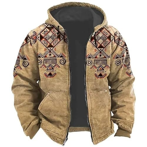 Image of Generisch Viking Hoodie Men's Nordic Mythology Printed Hooded Jacket Vintage Fleece Jacket Full Zip Winter Jacket with Fleece Lined Medieval Print Outdoor Jacket Winter Transition Jacket, O khaki., XL