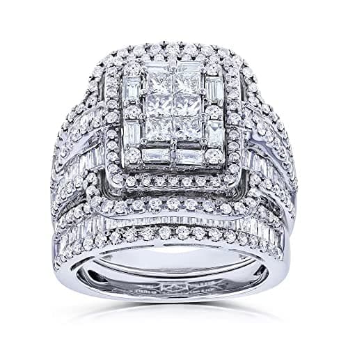 Image of ASFKIPMF 925 Sterling Silver Shiny Cubic Zirconia Rings Fold Wear Bridal CZ Diamond Multi Row Ring 2pcs Rings Set 925 Sterling Silver Shiny Full CZ Crystal Diamond Wedding Rings for Women Size O
