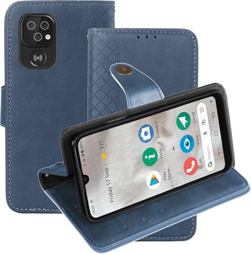 Image of KZIOACSH Leather Case for Doro 8200/8100/8100 Plus, Full Protection Magnetic Closure Book Flip Folio Wallet Case Ultra Slim Inner TPU Protective Bumper Cover with Money Card Holder & Kickstand,Blue