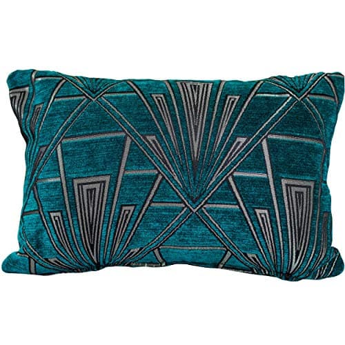 Image of Linen Loft Art Deco Boudoir Cushion Cover. Geometric Teal Blue and Silver. Luxury Velvet Chenille. 17x12 (43x30cm) Double Sided. Pillow Case. 20s and 30s Style.