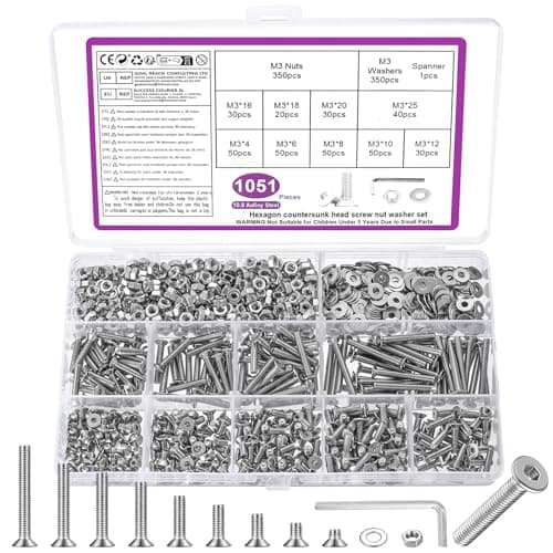 Image of 1051 Pcs M3 Screws Set, Countersunk Bolts and Nuts Sets, Countersunk Nuts and Bolts Set with Washers, Flat Head Machine Screws Assorted, Hex Socket Head Cap Screw Assortment Kit + Wrench