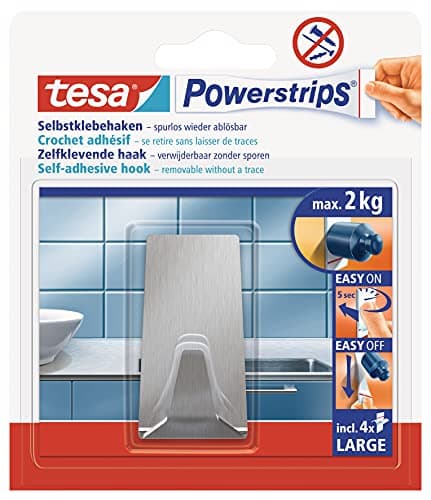 Image of tesa Powerstrips Hook - Self-Adhesive Wall Hook for Glass, Tiles, Wood, Plastic and Other Surfaces - Metal Rectangular Hook - Powerstrips Technology - Large