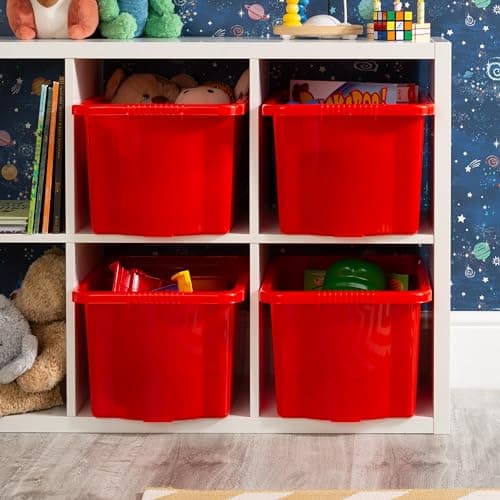 Image of Wham Stack & Store 4 x 24L Plastic Storage Boxes | Ideal for Toys, Classrooms & Playrooms | Stackable & Nestable | Integrated Handles | Made in UK - Red