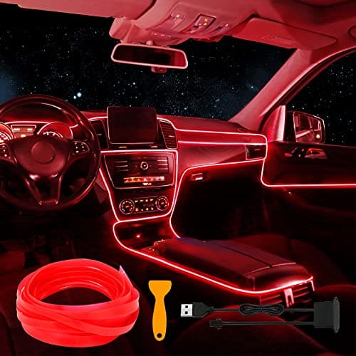 Image of EL Wire Car LED Interior Strip Light, USB Neon Lights with 6mm Sewing Edge - 197 inches Glowing Electroluminescent (EL) Wire, Ambient Lighting Kit for Car Decorations (5M/16.5FT, Red)
