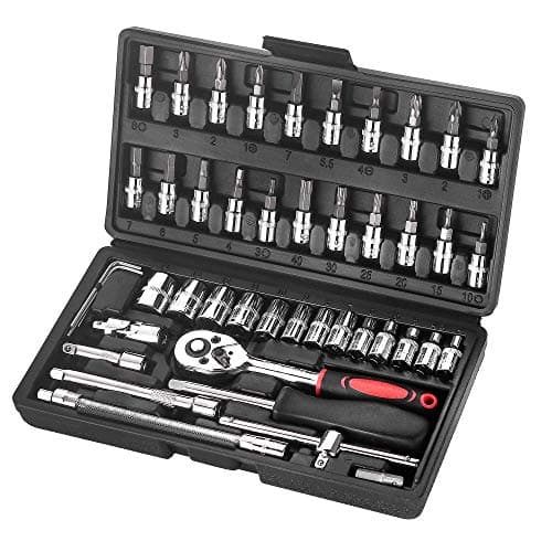 Image of Wopeite 46 Piece Socket Wrench Set 1/4 Inch Drive Ratchet Set Chrome Vanadium Tools Set Cr-V Mechanic for Car, DIY and Repair