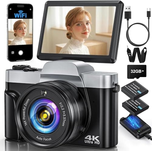 Image of 4K Digital Camera with WiFi, 64MP Autofocus Vlogging Camera Compact Travel Cameras for Photography, 3" 180° Flip Screen 16X Zoom Flash Anti-Shake, 32GB Card, 2 Batteries