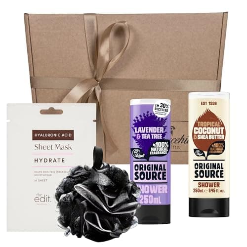 Image of Gracehill Gifts Shower Gel Gift Set for Her – Original Source Lavender & Tee Tree and Tropical Coconut & Shea Butter (250ml), Shower Puff + Hyaluronic Acid Face Mask – Pamper Set for Teens & Women