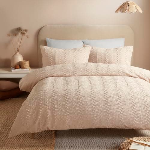 Image of Serene Embossed Curve Duvet Cover Set, 100% Recycled Polyester, Double Size 200x200cm, Natural, Textured Wave Pattern, Button Closure