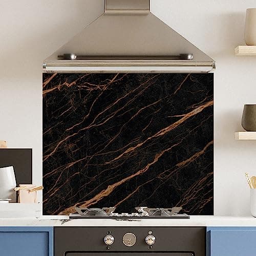 Image of Premium 90 cm x 75 cm Black Gold Marble Glass 6mm Kitchen Splashback Heat Resistant Toughened Polished Edges - Back Splash Back Coloured Hob Painted Tempered Splashback