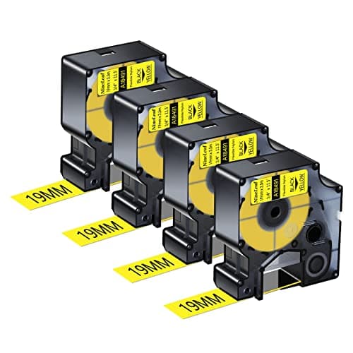 Image of NineLeaf 4 x Compatible for Dymo 18491 Tape Black on Yellow 3/4'' 19mm x 3.5m Flexible Nylon Industrial Label Tape for Rhino 4200 5200 5000 6000 ILP 219 3M PL150 PL200 PL300 Tyco T107M Label Maker