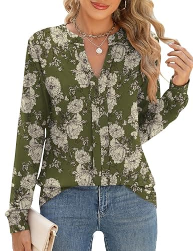 Image of IECCP Ladies Tops Long Sleeve Blouses for Women Elegant V Neck Shirts Casual Floral Printed Dressy Pleated Floaty Tunic Green Floral S