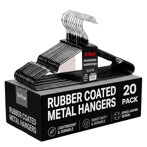Image of H-line Metal Hangers (20) Rubber Coated Heavy Duty Strong Clothes Space Saving Organiser Hangers For Wardrobes Coat Rack Rails & Closet Thin and Non-Slip Clothing Hanger (Black-20 Pack)