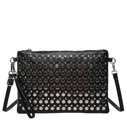 Image of OWGSEE Studded Crossbody Bag Trendy Punk Wristlet Purses for Women Vegan Leather Clutch Bags Studded Shoulder Bag Purse, A Black, 12.20 x 0.39 x 8.27 inches