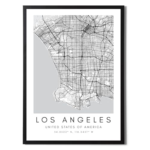 Image of State Media Vision Los Angeles World City Map Poster - Minimalist Black and White Wall Art (A4 Black Framed)