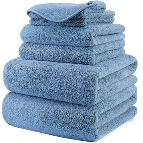 Image of POLYTE Plush Quick Dry Lint Free Microfibre Bath Towel Set, 6 Pieces (Blue)