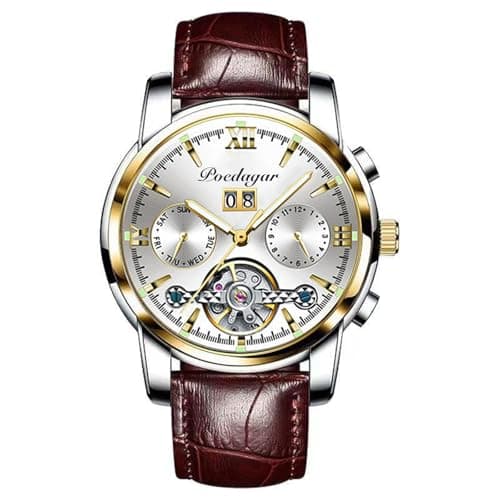 Image of RORIOS Men Automatic Watch Mechanical Self Winding Watch with Leather Strap Classic Luminous Watch Waterproof Wrist Watch for Men