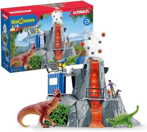 Image of SCHLEICH Dinosaurs - 60PC Volcano Expedition Base Camp Playset - Dinosaur Toy with LED, Smoke Erupting Volcano, Dino Figurines for Boys and Girls - Interactive Playset for Kids Ages 5+ | 42564