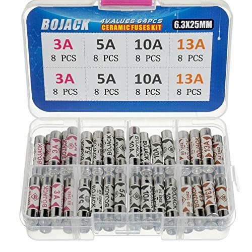 Image of BOJACK 4 Values 64 pcs 3 5 10 13 A amp 240 V Volt Household Mains Plug Fuse 6.3x25 mm 0.25x1Inch BS1362 Ceramic Tube Cartridge Fuses Assortment Kit packag in a Clear Plastic Box