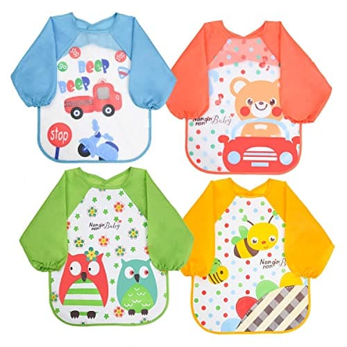 Image of Vicloon Bibs with Sleeves, 4 Pcs EVA Unisex Feeding Baby Bibs Waterproof Long Sleeve Bib Apron Lovely Cute Cartoon Bibs for Infant Toddler 6 Months to 3 Years Old