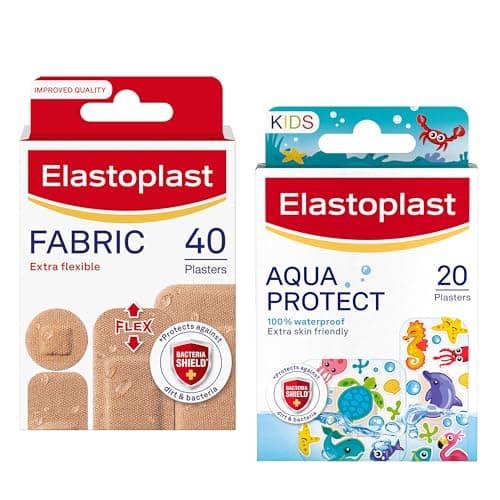 Image of Bundle of Elastoplast Extra Flexible Fabric Plaster Strips (40 Pieces) + Elastoplast Aqua Protect Kids Plasters (20 Pieces), Wound Protection Duo, Water-Repellent