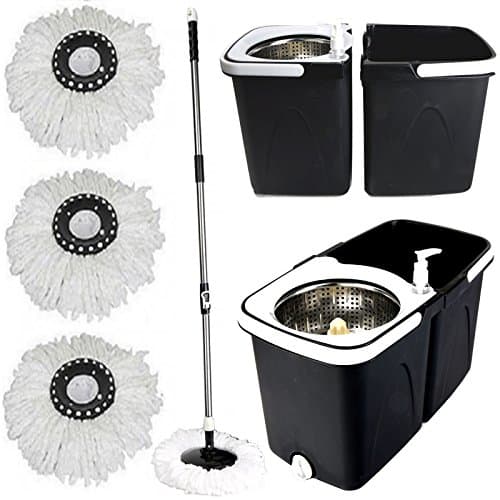 Image of Gr8 Home Black Space Saving 360° Dual Duo Floor Spin Mop Dispenser Bucket Set Spinning Rotating with 3 Cleaning Dry Heads