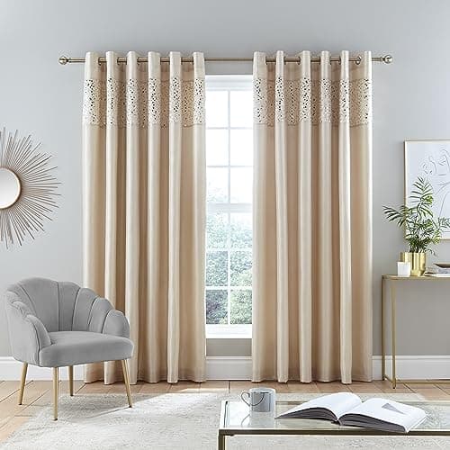 Image of Catherine Lansfield Glitzy Sequin 66x54 Inch Lined Eyelet Curtains Two Panels Natural