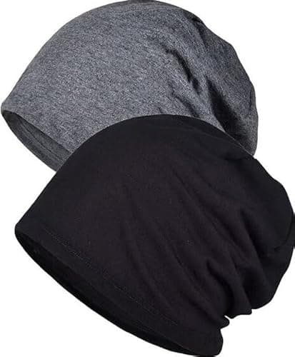 Image of PACIOCEAN 2 Pack Soft Cotton Slouchy Beanie Hats for Men and Women, Breathable Jersey Knit Skull Cap, Stretchable Winter Slouchy Beanie for Daily Use and Outdoor Activities Black