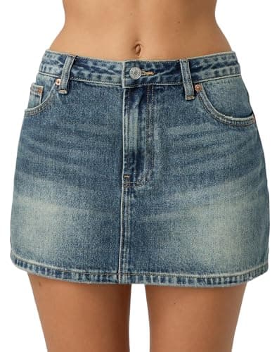 Image of Betrodi Women Blue Denim Skirt Casual Low Waist Mini Jean Skirt Stretch Bodycon Low Rise Micro Cargo Skirt with Pockets (Basic Vintage, S)