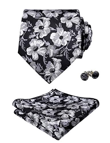 Image of Alizeal Mens Floral Regular Necktie Pocket Square and Cufflinks, Black+White