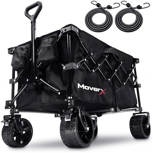 Image of MoverX 120L Festival Trolley on Wheels, Folding Wagon, Portable Camping Cart, Collapsible Foldable Trolly for Beach Outdoor Garden Picnic Shopping Fishing, Wide Wheels, Adjustable Handle, Black