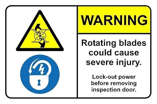 Image of Warning rotating blades may cause injury safety sign - 1mm flexible Plastic sign (300mm x 200mm)