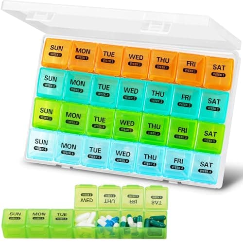 Image of Large Monthly Pill Box Organiser 4 Week, Pill Boxes 1 Times a Day Compartments Tablet Organiser Box 28 Day Vitamin Meds Supplement Container for Family, Hold Plenty of Medication (Multicolor)