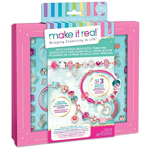 Image of Make It Real Halo Charm Bracelet Making Kit - Think Pink Bracelets, Kids Jewellery Craft Sets for Girls 8+ Years - Makes 3 Beautiful Bracelets, Metallic Charms & Crystals - Childrens Bracelet Maker