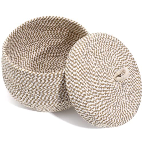 Image of ULTECHNOVO Woven Storage Basket Cotton Rope Basket with Lid – Round Washing Boxes for Home, Kitchen, Bathroom, Laundry & Bathroom Sorting 8.27X8.27X6.69In