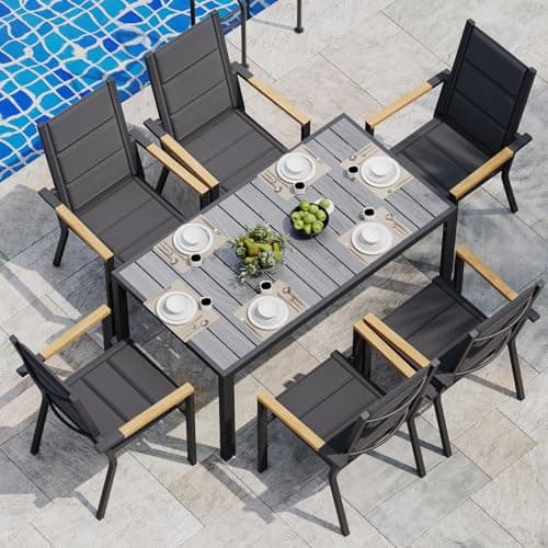 Image of JUMMICO 6-Seater Garden Furniture Set, 150cm Wood Grain Table with 4 Stackable Aluminium Outdoor Chairs, Ideal for Patio, Garden & Poolside, Grey
