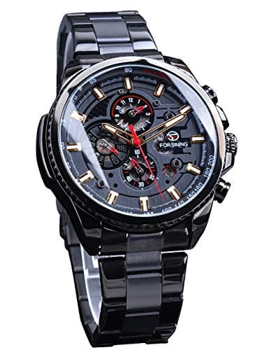 Image of FORSINING Mens Automatic Watch,Black Dial Skeleton Date Watches Fashion Mechanical Self-Winding Wrist Watch Stainless Steel Luminous