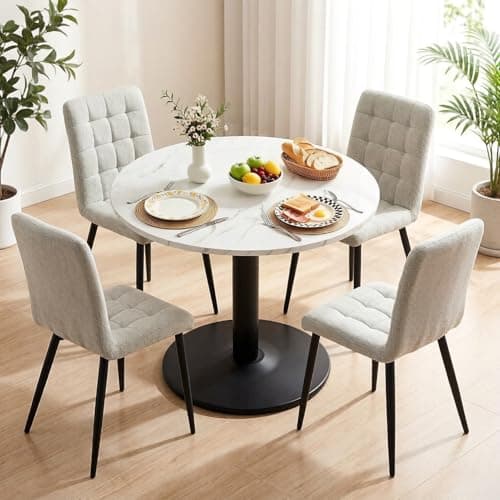 Image of Warmiehomy White Marble Round Dining Table and Chairs Set 4, Modern Wooden Small Kitchen Dining Table with 4 Chairs for Small Space Home Apartment, Living Room (White+Grey, 5pcs)