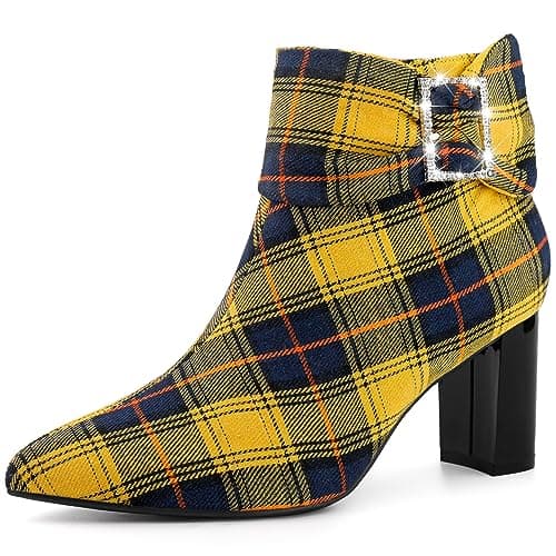 Image of Perphy Plaid Pointy Toe Rhinestone Bow Zipper Chunky Heels Ankle Boots for Women Yellow 6 UK/Label Size 8 US
