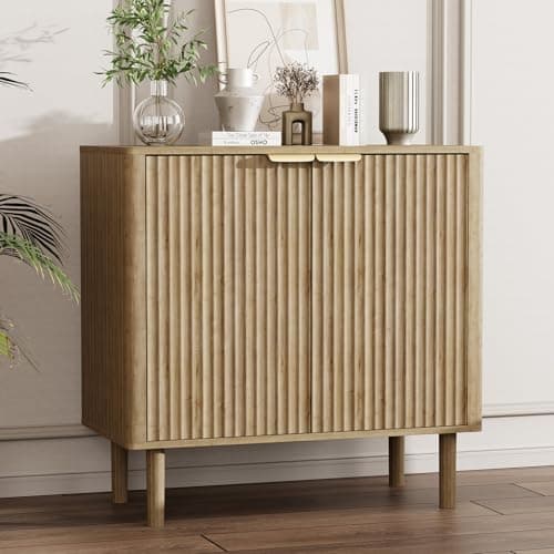 Image of IKALIFE Sideboard Storage Cabinet, Modern Fluted Sideboard with Doors and Adjustable Shelves, Wooden Buffet Cabinet, Cupboard Storage Unit for Kitchen Living Room Hallway, Oak